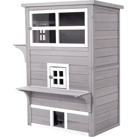 Niche extérieure en bois pour chat, grande niche à 3 étages avec plusieurs entrées, fenêtres et 2 plateformes pour terrasse, balcon ou jardin, 93,5 x 67 x 117 cm, grise (1/5)