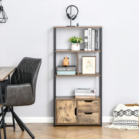 Industrielles Bücherregal mit 3 Regalböden, Schranktür, 2 Schubladen, Spanplatte in Antikholzoptik, schwarzer Stahl