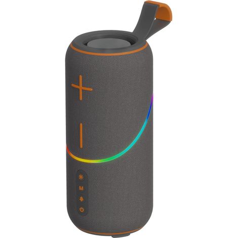 Une enceinte Bluetooth portable grise de 20 W avec caisson de basses, lumière LED et longue autonomie — idéale pour une utilisation en extérieur.