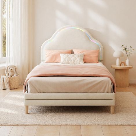 Letto singolo per bambini 90x200 cm in velluto beige con LED, senza materasso FloraGrace