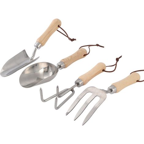 4-teiliges Garten-Set aus Edelstahl, inklusive kleiner Schaufel, Schaufel für den Eimer, dreizinkigem Rechen und Haarnadel (1/4)