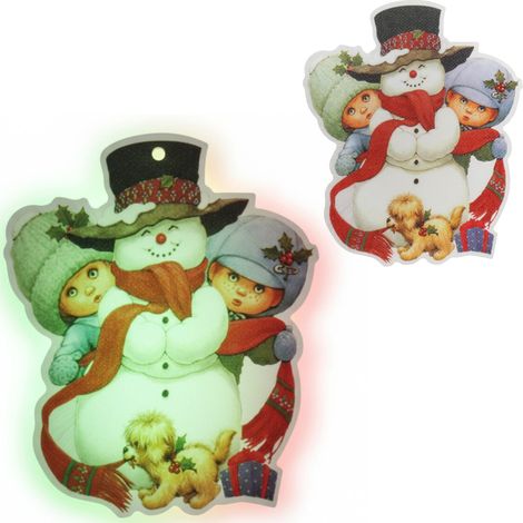 Decorazione natalizia a batteria: pupazzo di neve con ventosa e LED colorati. (1/5)