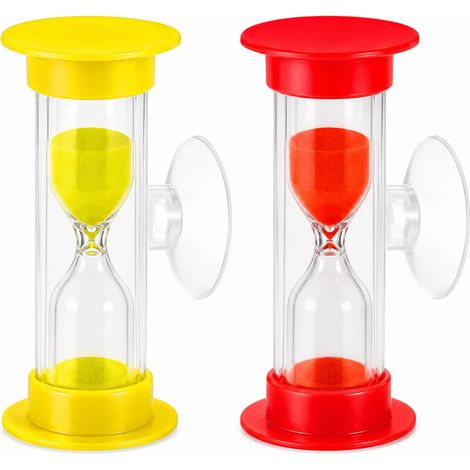 Lot de 2 sabliers pour le brossage des dents pour enfants, 3 minutes avec ventouse, sablier 3 minutes en verre et ABS pour salle de bain, cuisine et apprentissage (jaune + rouge) (1/5)