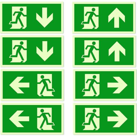 8 PCS Panneau Issue de Secours Quatre Directions Plaque de Issue der Secours Panneau de Sortie Urgence Photoluminescents Autocollant sortie d'urgence 300 x 150 mm (Haut, Bas, Gauche, Droite)