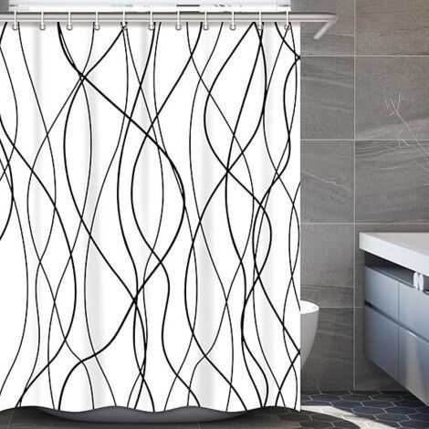FENOPLASTICARideau de douche en tissu à lignes ondulées à rayures noires et blanches pour salle de bain avec 12 crochets, rideaux de douche pour salle de bain de 78 pouces de long, ourlet lesté (1/5)