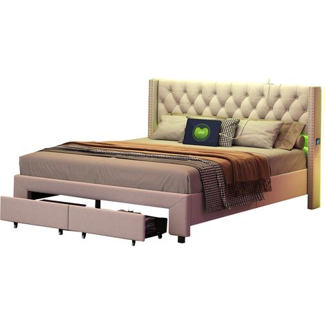 Lit 180x200 cm, 2 places, avec 2 tiroirs, LED, décoration par rivets, USB, poche latérale de rangement, sommier à lattes en bois, cadre en métal, lit capitonné en velours - Beige