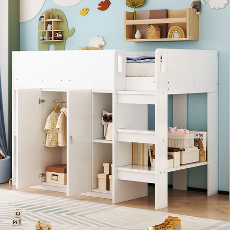 Lit superposé enfant multifonction 90x200 cm avec rangements, armoire et étagères, échelle intégrée, Lit Mezzanine chambre enfant gain de place, blanc (1/5)