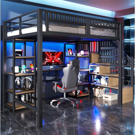 lit adulte mezzanine rangement 140x200 métal noir OKMYHOME (1/4)