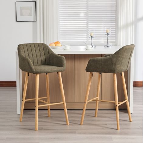 Lot de 2 tabourets de bar 58.5x55x104 cm verts en lin avec dossier haut, accoudoirs et repose-pieds (1/5)