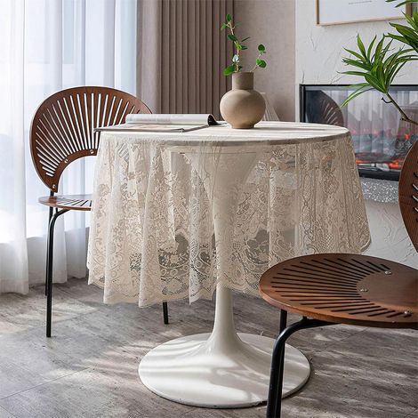 Spitze Tischdecke rund 190cm beige Vintage floral bestickt für Hochzeit Party Esstisch
