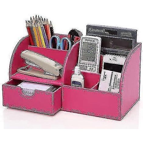 Organiseur de bureau en similicuir rose, boîte de rangement pour stylos et fournitures de bureau (1/5)