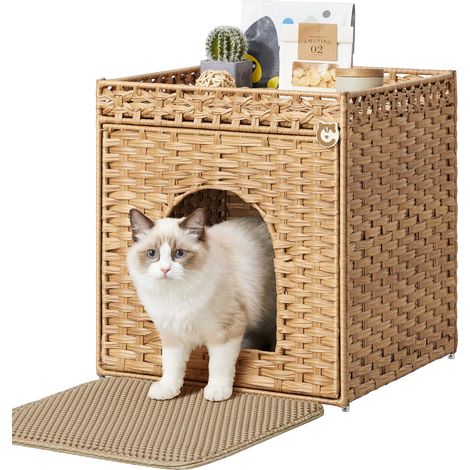 Maison de Toilette pour Chat, Meuble Litière en Résine Tressée, Plateau Amovible, Table d'Appoint, 52,5 x 52,5 x 56 cm, Jaune, Style Bohème, Collection PCL024YE01 (1/5)