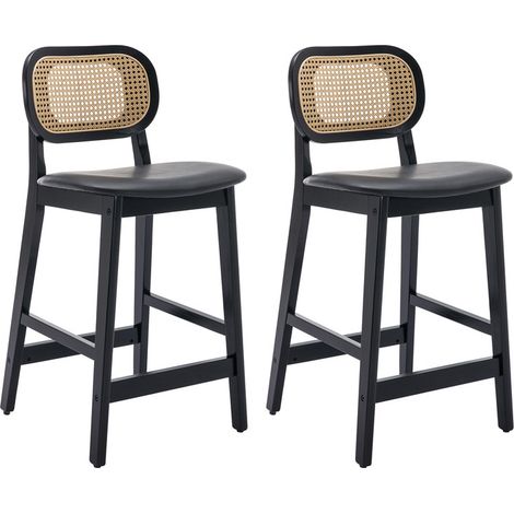 Wahson Lot de 2 tabourets de bar en bois massif avec coussins en cuir PU – Dossier en rotin tressé – Hauteur d'assise 65cm – Pour cuisine et restaurant, Noir (1/5)