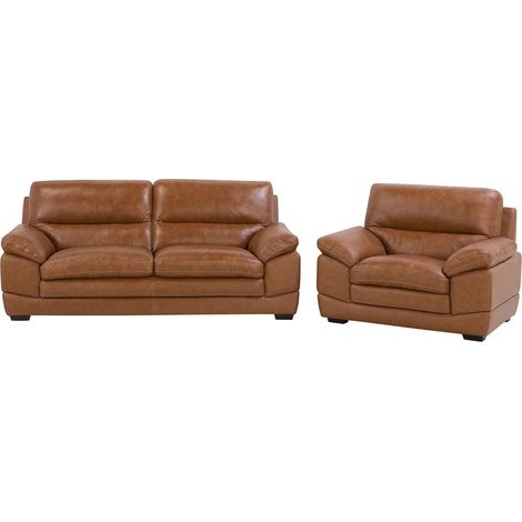 Juego de sofás 3 + 1 en piel marrón asiento adicional con espacio tapizado con respaldo retro Horten