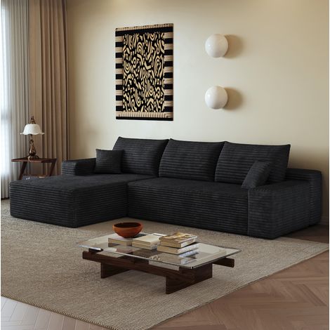 Canapé d'angle modulable 270x175x83 cm en tissu noir, sans montage pour salon FloraGrace (1/5)