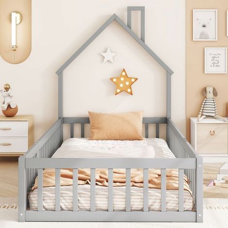 Lit simple - Gutent - 90 x 200 cm - Pin - Gris - Barrière de sécurité (1/5)