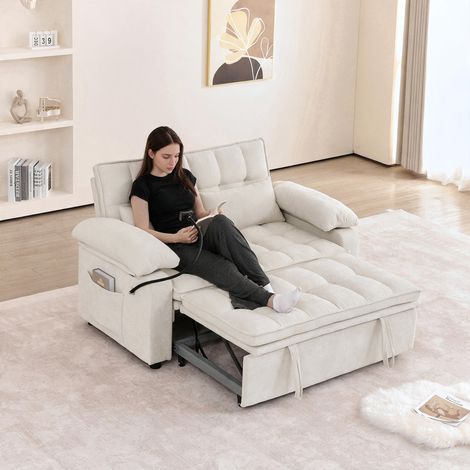 Canapé convertible 3 en 1, 142 cm, dossier inclinable 5 positions, rangements, 2 poches, porte-gobelets et support téléphone 360° - Beige (1/5)