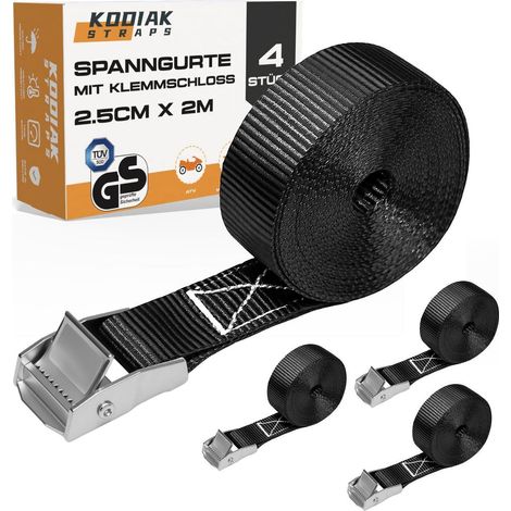 4er Pack Spanngurte 2m mit Klemmschloss, 25mm, 250kg, TÜV/GS geprüft (1/5)