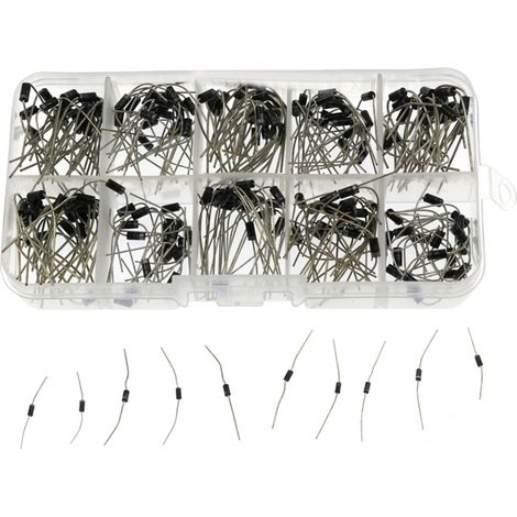 Kit d'assortiment de 200 diodes (10 valeurs) : diodes redresseuses/Schottky 1N4001, 1N4007 et 1N5819. Coffret de rangement inclus. (1/5)