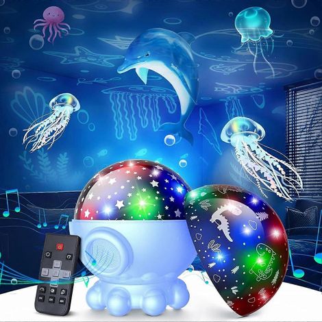 Projecteur veilleuse rotatif à 360° pour enfants, 17 modes d'éclairage, 9 berceuses, 3 films de projection, télécommande et minuterie, 3-8 ans