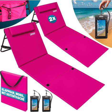 DETEX® 2x Strandmatte mit Rückenlehne Gepolstert Pink Sonnenliege klappbar UV-beständig Tasche Reißverschluss Kissen Tragegurt Garten Camping Picknick Liegematte 158x56cm