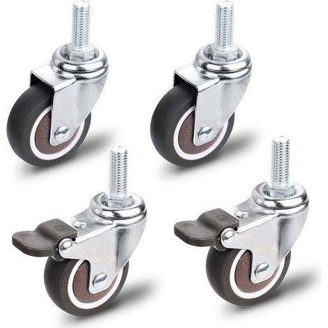 Roulettes pour Meubles, 2 Pièces Roulette Pivotante avec Frein + 2 Pièces Roulette Pivotante sans Frein, M10x25mm Universelles Roulettes pour Meubles, Capacité de Charge 30 KG par Roulettes