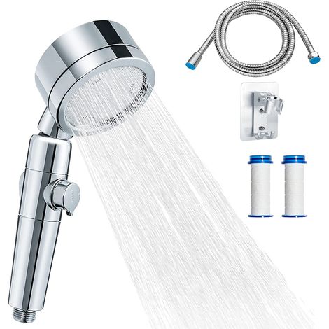 Soffione Doccia, Doccino Manuale a Risparmio D'acqua, ad Alta Pressione, Universale, Regolabile, 3 Funzioni Testa a Mano Con tubo flessibile da 2 m, supporto, cartuccia aggiuntiva (1/5)