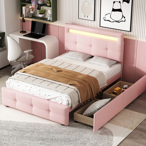 Cama individual clásica tapizada 90x200 cm rosa con cabecero regulable, LED, 2 cajones y somier de láminas (1/5)