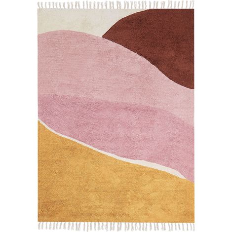 Tapis Moderne Rectangulaire Motif Abstrait et Franges Décoratives 140 x 200 cm en Coton Rose Xinali (1/5)