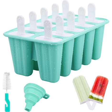 Silikon-Eisform, 10 Mulden, Eisformen, BPA-freie Silikon-Eisform, Eiswürfelform mit Bürsten und faltbaren Trichtern, Eis am Stiel-Formen für selbstgemachtes Eis, Sorbet, Joghurt, Saft – Grün