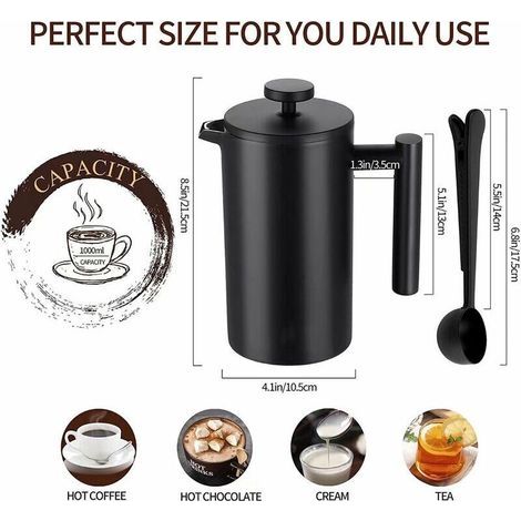 Cafetière à Piston INOX, Français Presse Café Isolation à Double Paroi de 1 L, Paroi intérieure avec Cautèle, avec 5 Filtres à Café et Cuillère Doseuse, 7-8 Tasses, Noir Mat, Café, Thé (1/4)