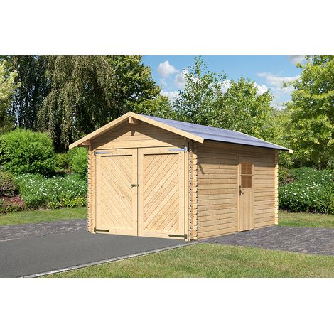 Karibu Blockbohlengarage 28 mm mit Satteldach Garage aus Holz, Unterstellplatz mit 28 mm Wandstärke Fertiggarage Naturbelassen