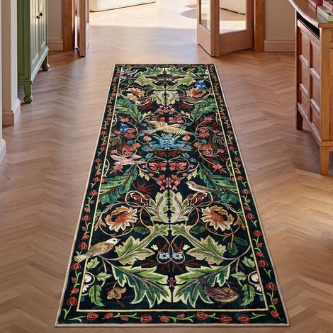 Tapis de couloir Bleu foncé 60×180cm, Tapis de cuisine avec motifs d'oiseaux, avec dos en caoutchouc antidérapant, tapis de sol long et lavable pour l'entrée, la chambre, la buanderie, le salon (1/5)