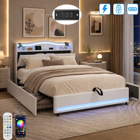 Lit 160 x 200, Lits Double avec LED et Multiprise USB Tpye C, Cadre de Lit en Métal avec 4 Tiroirs, Tête de Lits en Bois Capitonnée avec Compartiments, Lits 160 x 200 avec Sommier et Rangement, Blanc (1/5)