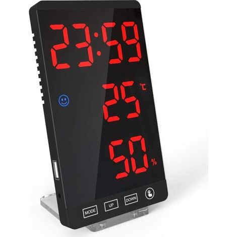 Miroir intelligent avec horloge LED, réveil, horloge numérique, luminosité réglable sur 4 niveaux, avec affichage de la météo et de la température.
