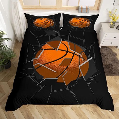 Basketball Parure de Lit 140x200cm Sport Parure Housse de Couette pour Garçons Filles Adolescents Cassé 3D Jeux de Balle Housse de Couette Respirant Jeux de Compétition Orange Noir Room Decor - 140 x  (1/5)