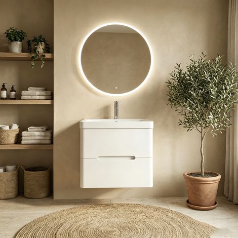 Meuble Salle de Bains avec vasque/lavabo FIDJI 60 suspendu laqué Blanc brillant avec plan en résine (1/5)