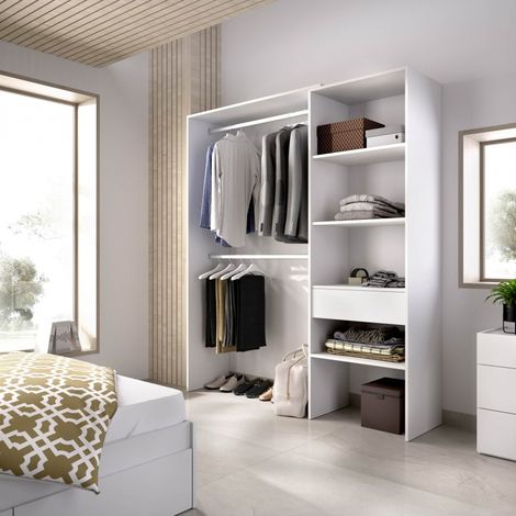 Befara – Dressing ouvert avec tiroir 160-110 cm – 3 étagères fixes 57 x 40 cm – Matériau mélamine haute résistance – Blanc