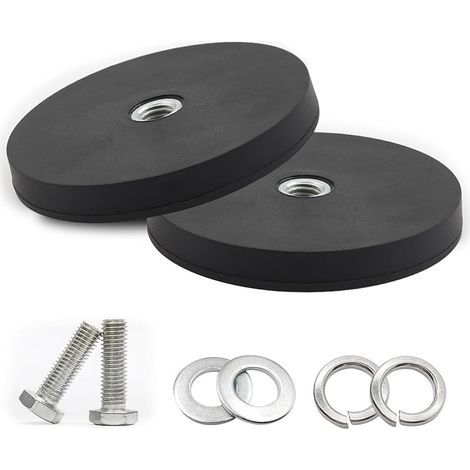 Lot de 2 aimants ronds en néodyme caoutchoutés, diamètre : 88 mm, en caoutchouc, capacité de charge : 55 kg, aimants puissants en caoutchouc, antidérapants, avec filetage intérieur M10, pour vis (1/5)