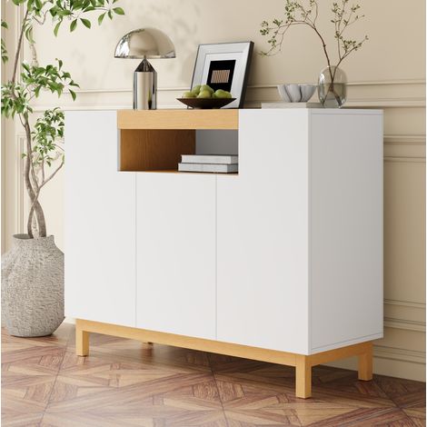 Buffet 120,5x42x96 cm blanc en panneau de particules avec 3 portes, niche ouverte et rangement multifonction (1/5)
