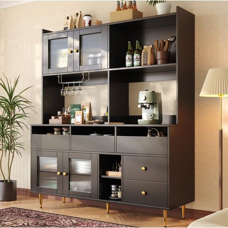 Credenza 145 x 39 x 171 cm con porte in vetro ondulato, portabottiglie, nero HAVRYA (1/5)