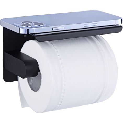 ALLIANDISPorte Papier Toilette, Support Papier Rouleau sans Percage Derouleur Papier WC,Distributeur Papier avec Tablette, Acier INOX SUS 304, Colle Auto-adhésive et Mural pour Salle de Bain (Noir) (1/4)