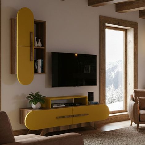 Pared Modular Ossimo, Mueble de Salón 6 Estantes, Ajustable, Puerta Batiente, Abatible, Color Nogal Marrón (1/5)