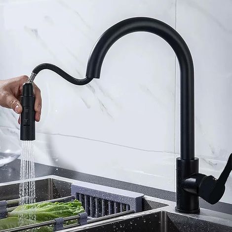 Robinet de cuisine amovible et rétractable, mitigeur de cuisine rotatif à 360°, mélangeur de cuisine en acier inoxydable de 2 modèles, mélangeur de lavabo de cuisine haute pression (noir) (1/5)