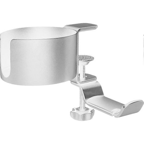 Porte-gobelet de bureau argenté et support pour casque audio avec rangement pour casque. (1/5)