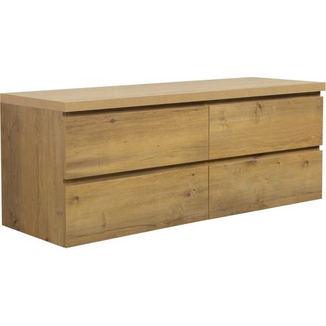 Badplaats – Meuble bas suspendu sous lavabo Angela 140cm – Chêne MDF – 4 tiroirs softclose – Plan de toilette inclus