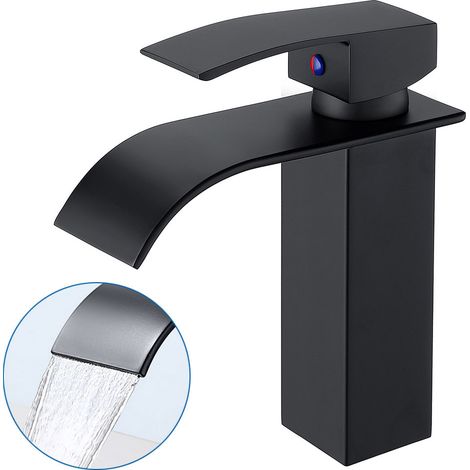 Grifo Lavabo Cascada cuadrado Negro Grifería de Baño Mezclador Monomando para Lavabo Grifería de Baño Usado para lavabo bajo encimera