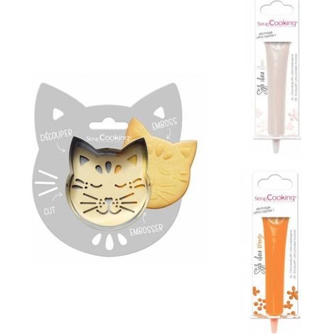Kit pour biscuit en relief Chat + 2 Stylos au chocolat blanc et orange