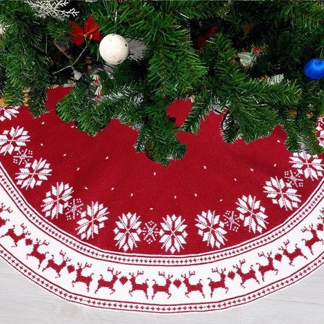 Tapis de sapin de Noël de 90 cm, motif flocons de neige et cerfs, tricoté en rond (1/4)