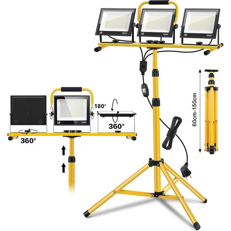 Projecteur LED Chantier avec Trépied - 300W 30000LM 6500K Projecteur Chantier vec Trépied Télescopique en Métal Réglable, Rotation à 360 °, Câble 3M, Étanche IP65 Projecteur de Chantier Pour Chantier (1/5)